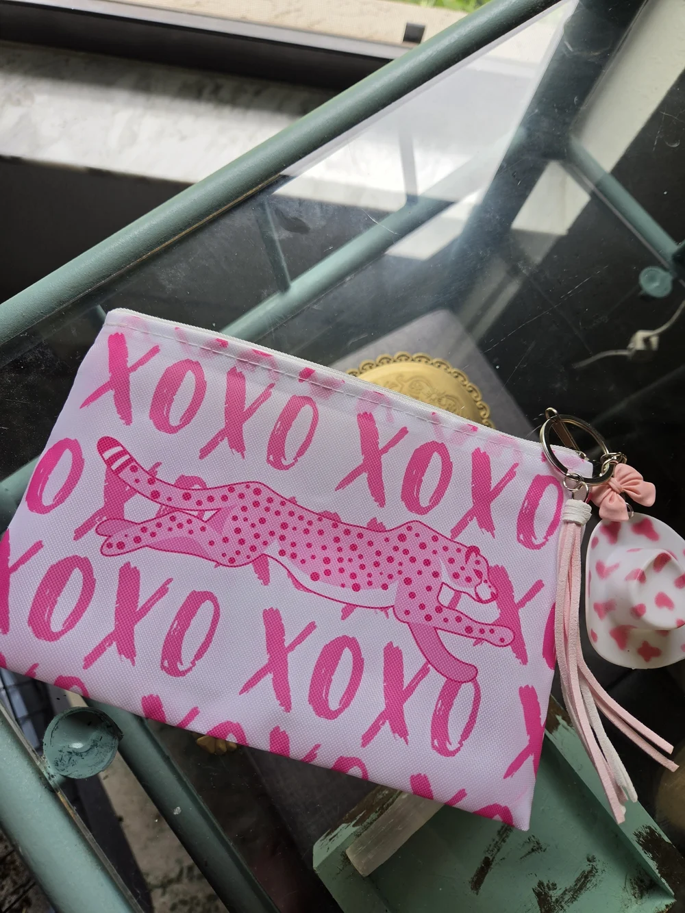 Pink XOXO Leopard Pouch with Tassel Keychain